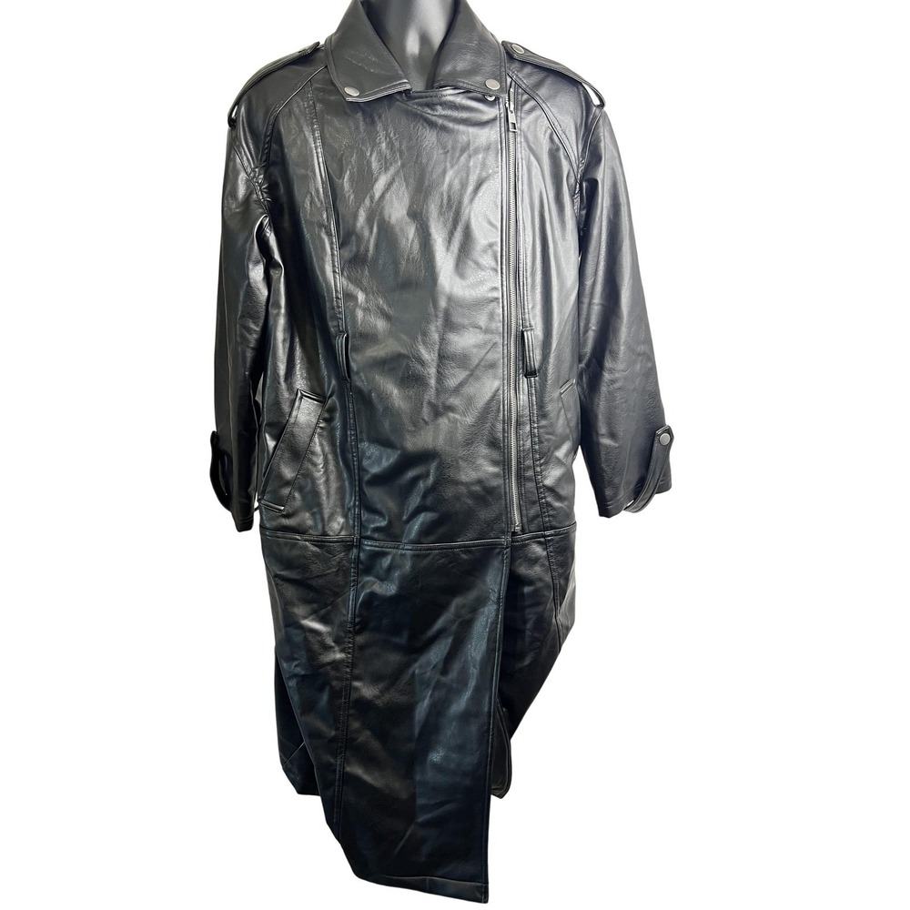 Wild Fable‎ Coat Womens Large Black Faux Leather Moto Trench Long Asym Zip